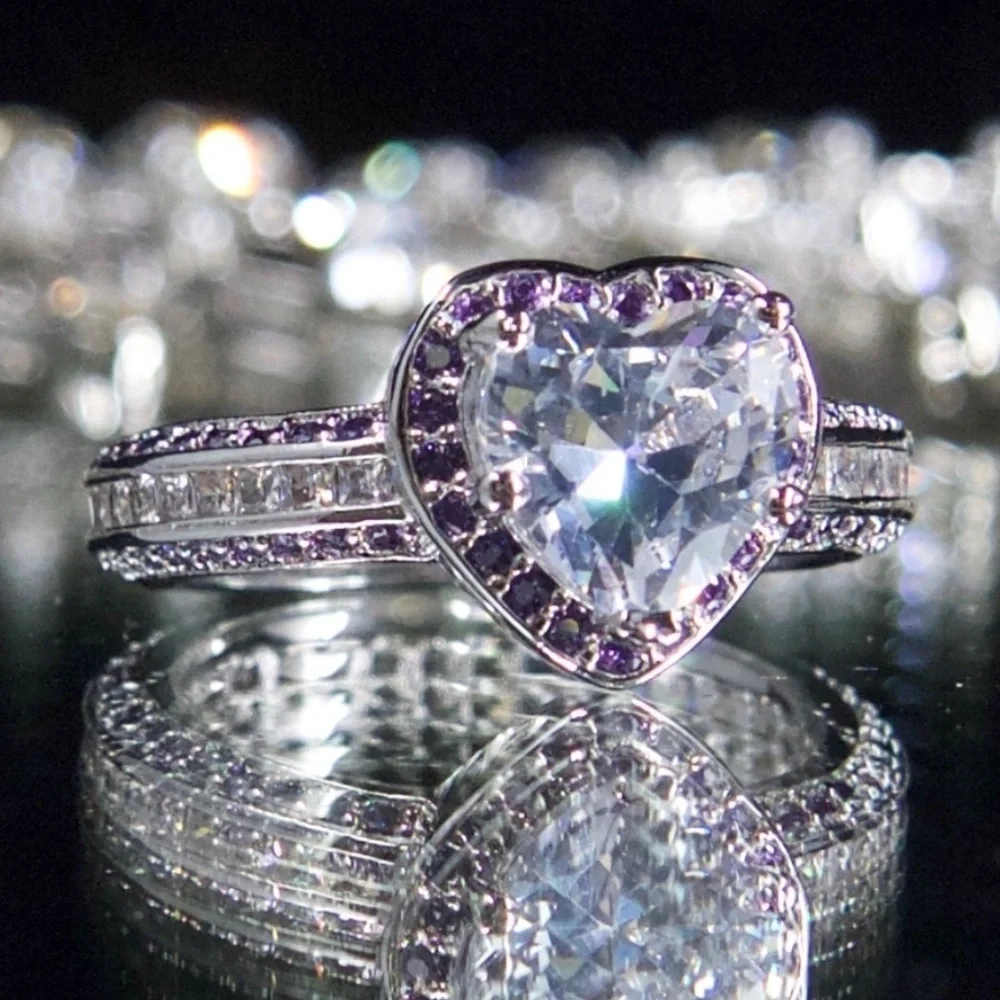 925 Princess Cut 3.8 CT Purple CZ Heart Ring